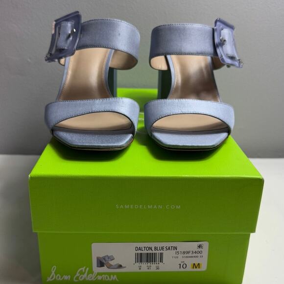 New Sam Edelman Dalton Blue Satin Slip On Block Heel Sandals Women's Size 10 - Picture 3 of 10